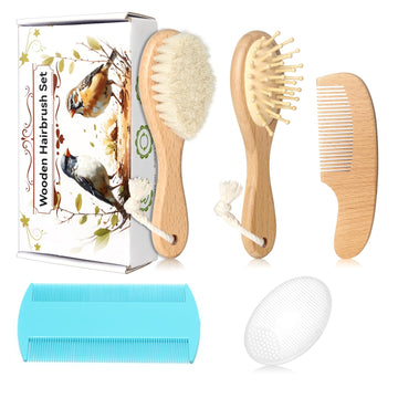 Esonto Baby Hair Care Kit, 5 in 1 Wooden Natural Goat Bristles Brush Cradle Cap Comb Baby Grooming Kit for Newborns Toddlers Boy