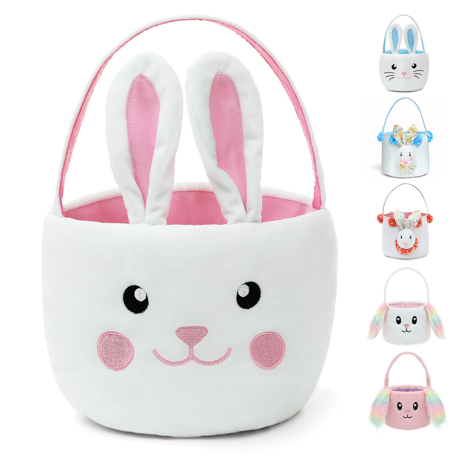 Lofytain Easter Basket Bags,Easter Eggs-Gift Baskets for Kids,Bunny Tote Bag Bucket for Easter Eggs,Toys, Candy,Gifts (White/Pin