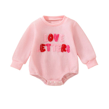 Newborn Baby Girl Valentines Day Outfit Love Bubble Romper Waffle Knit Sweater Oversized Pullover Sweatshirt Tops (Pink-4,3-6 Mo