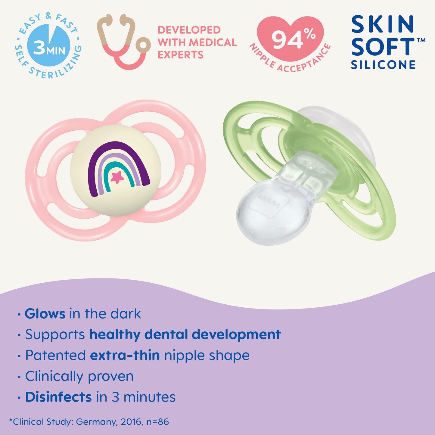 Mam Perfect Night Baby Pacifier, Patented Nipple, Glows In The Dark, 2 Pack, 16+ Months, Pink,2 Count (Pack Of 1)