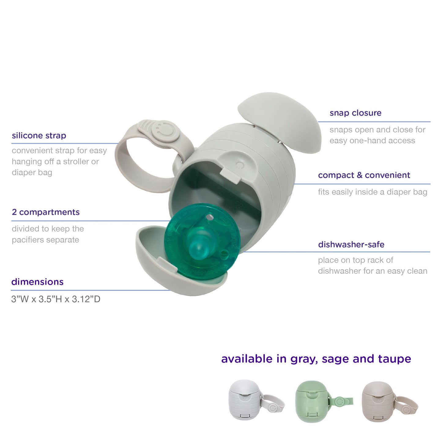 Ubbi On The Go Dual Pacifier Holder, Keeps Babys Binkies Clean And Accessible, Includes Silicone Strap, Gray