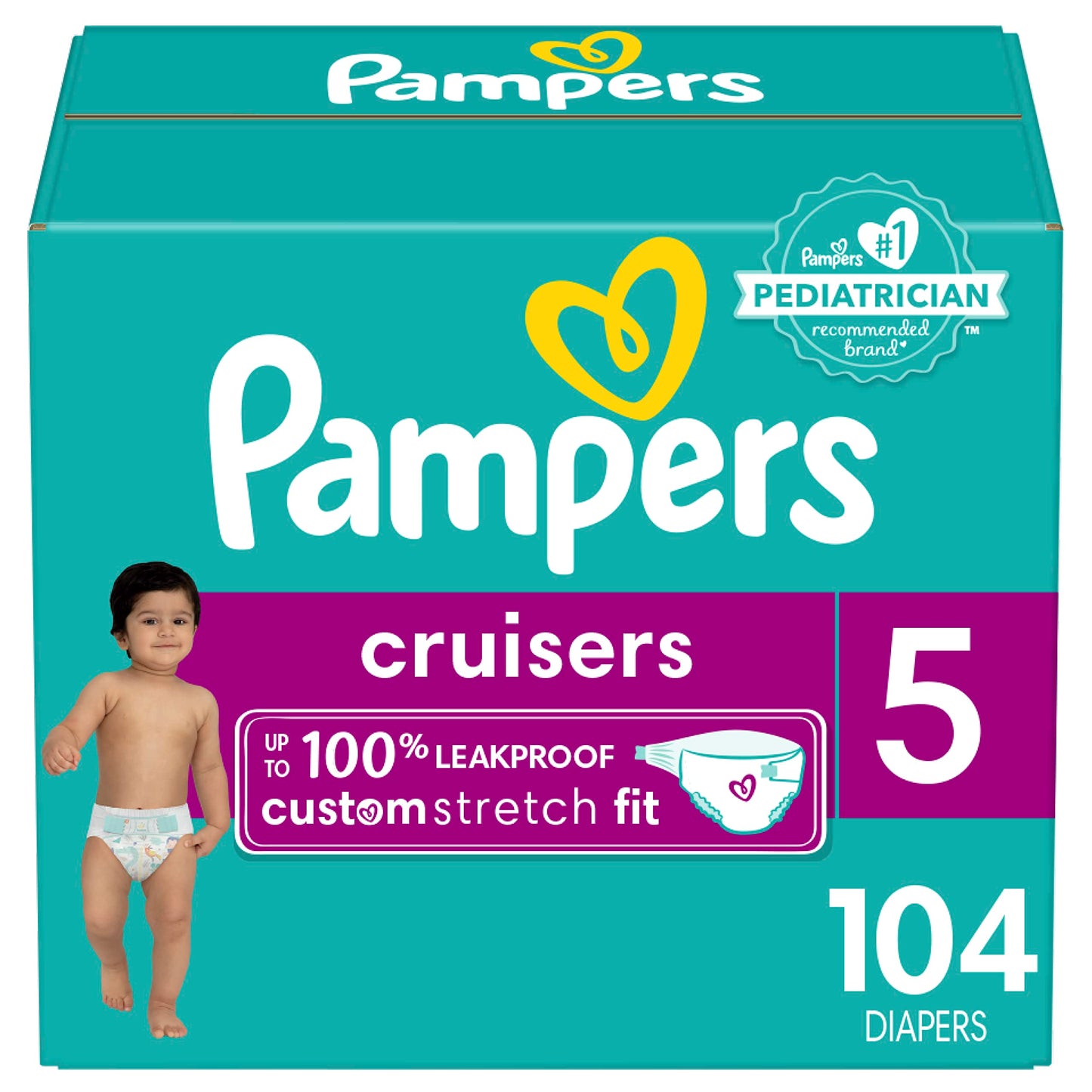 Pampers Cruisers Diapers - Size 5, 104 Count, Disposable Active Baby Diapers with Custom Stretch