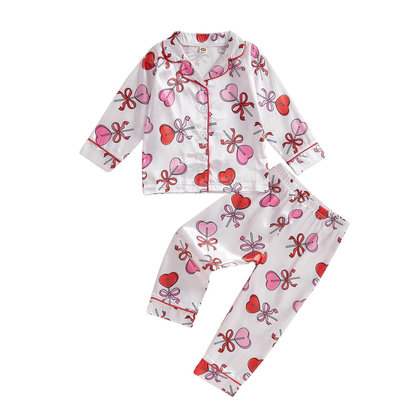 Kavousa Toddler Baby Girl Valentines Day Pajamas Heart&Bow Print Button Down Shirt + Pants Little Kids Girls Silk Pajama Set (Pi