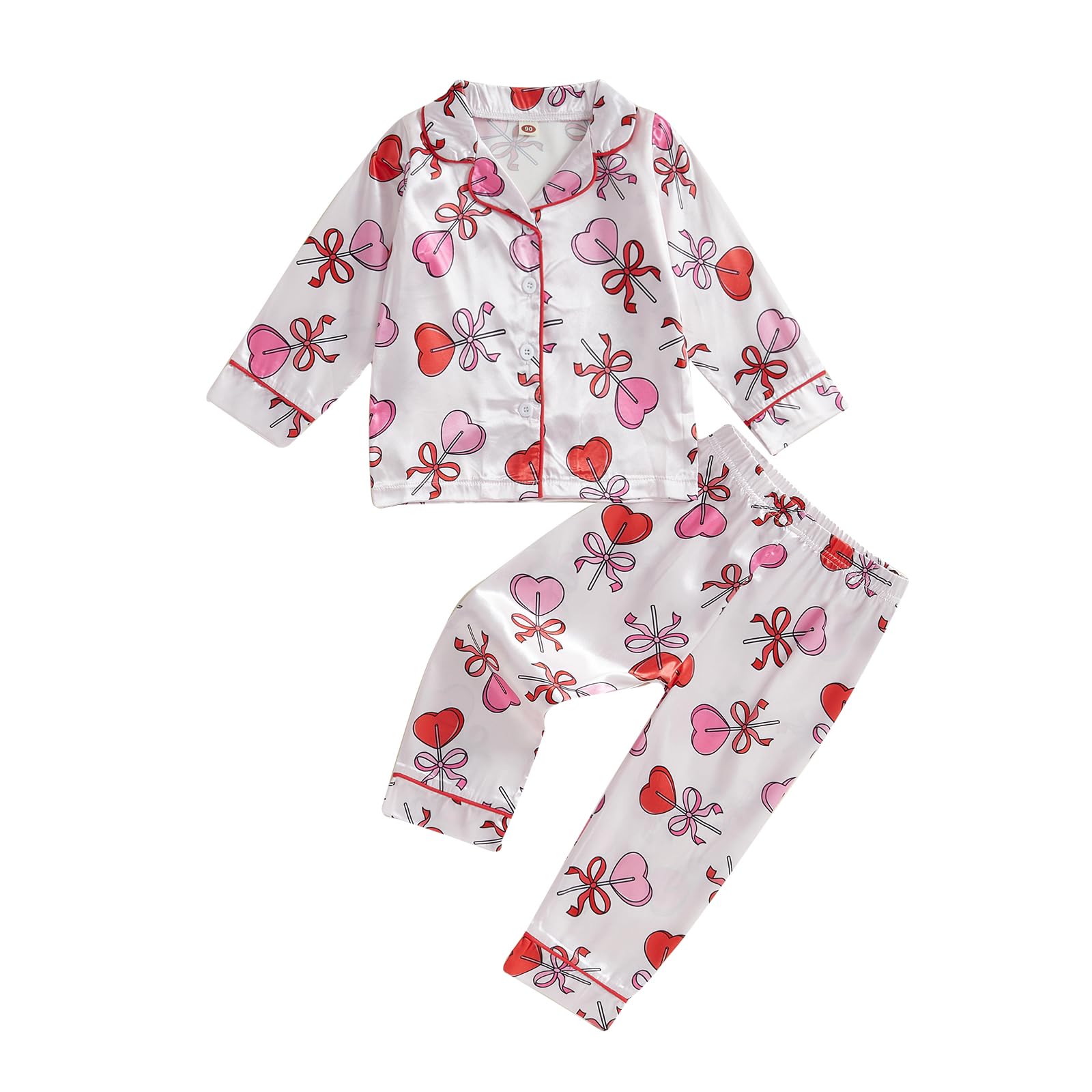 Kavousa Toddler Baby Girl Valentines Day Pajamas Heart&Bow Print Button Down Shirt + Pants Little Kids Girls Silk Pajama Set (Pi