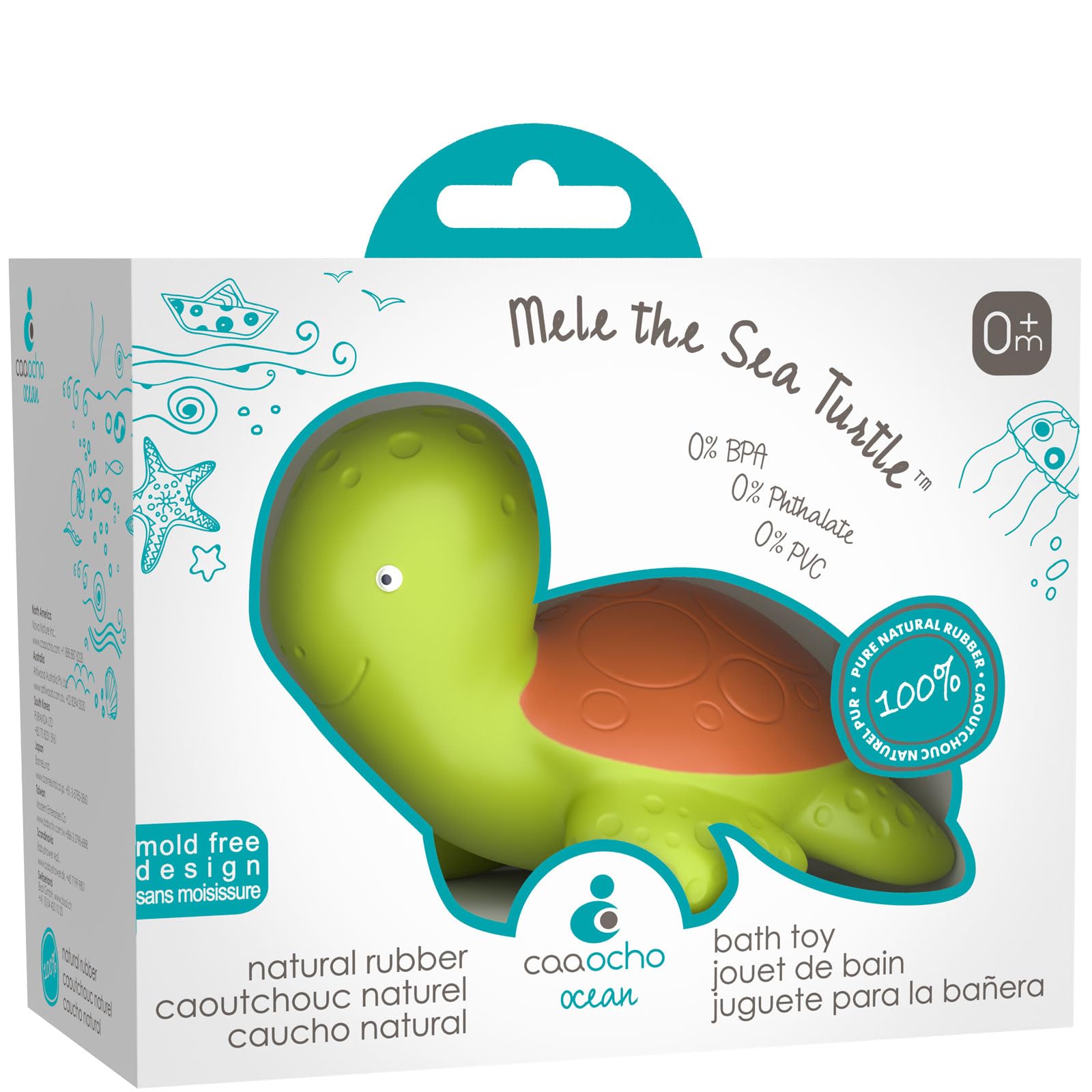 CaaOcho Pure Natural Rubber Bath Toy - Mele The Sea Turtle Baby Toy - Hole Free Bath Toys, BPA Free Bath Toys for Infants, Witho