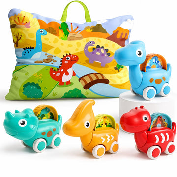 PLUSPOINT Cute Dinosaur Toy Cars with Jungle Playmat  Fantastic Creature Vehicle Set with Storage Bag, Pretend Play Travel Toys