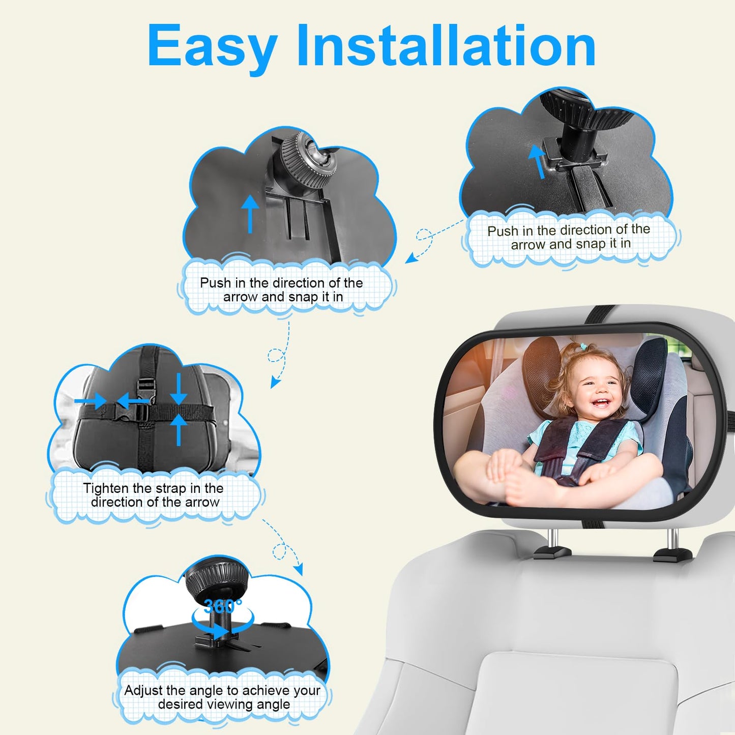 Boeyos Baby Car Mirror, Safety Car Seat Mirror For Rear Facing Infant, Clear Wide View, 360?Rotation, Easily Observe The Baby Mo