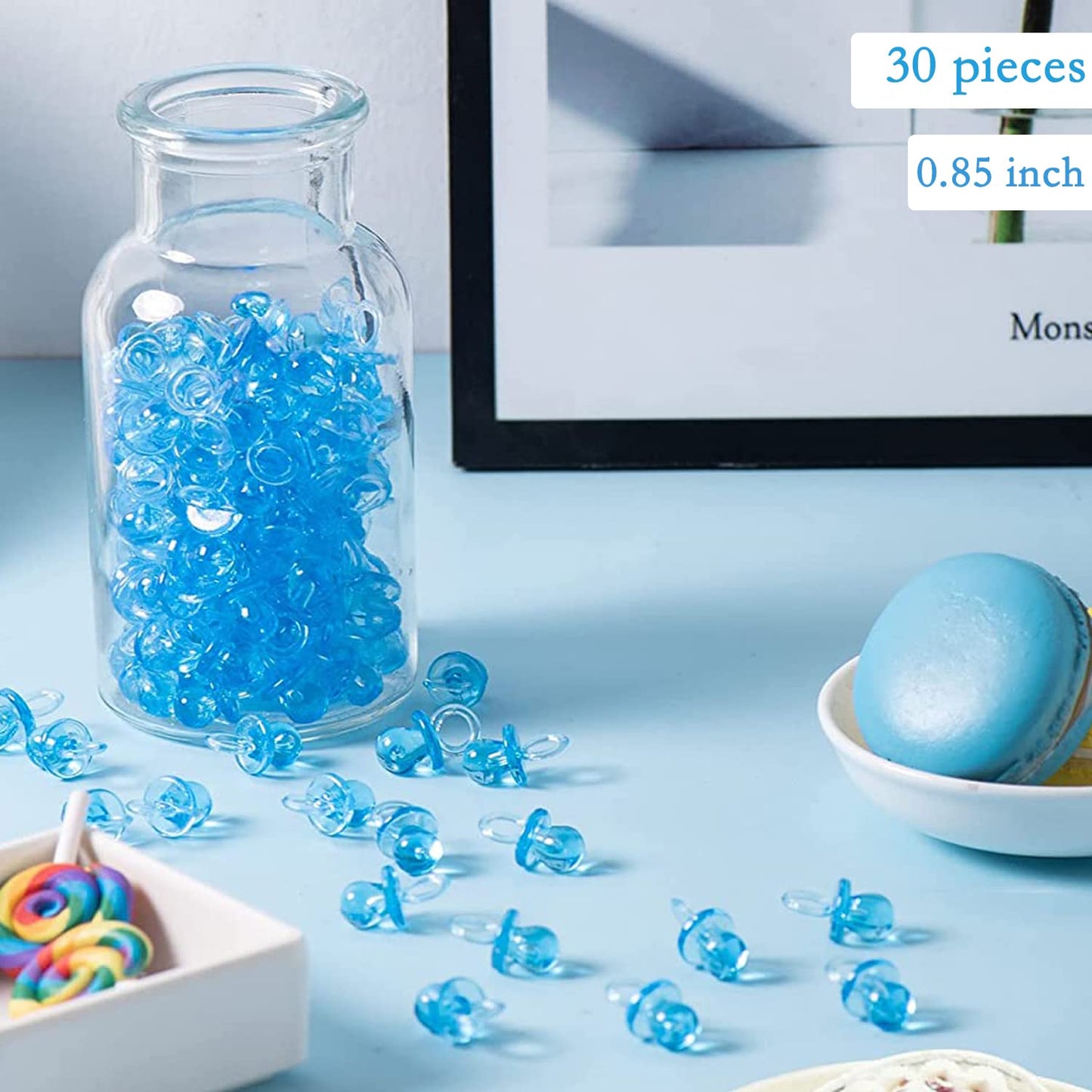 24 Baby Shower Pacifiers Necklace For Boy, 30 Mini Acrylic Pacifiers Charm Party Favors Decorations (Blue)