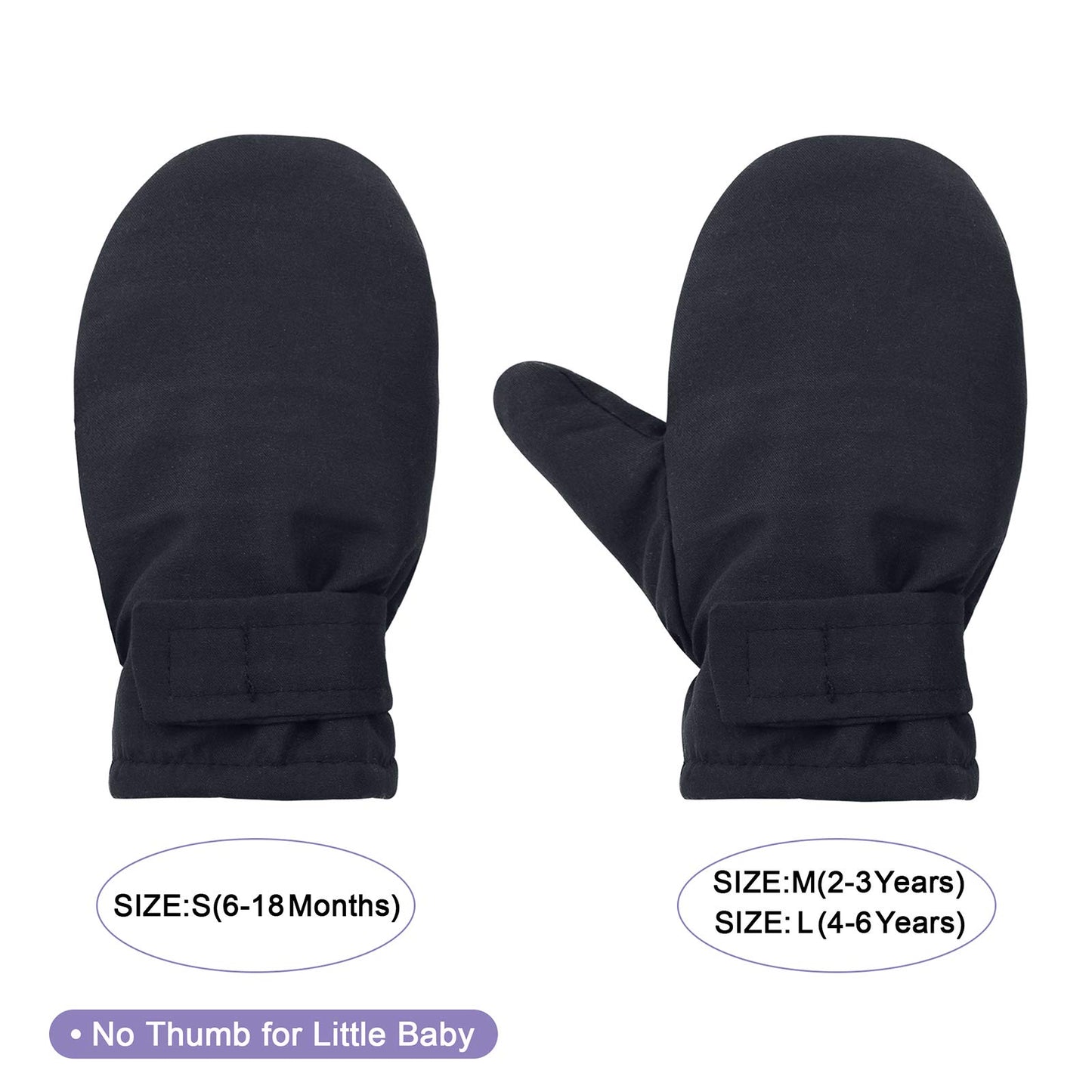 Lined Fleece Toddler Mittens Kids Winter Warm Gloves Child Ski Gloves Waterproof Snow Baby Mitten For Boys Girls Pure Black S