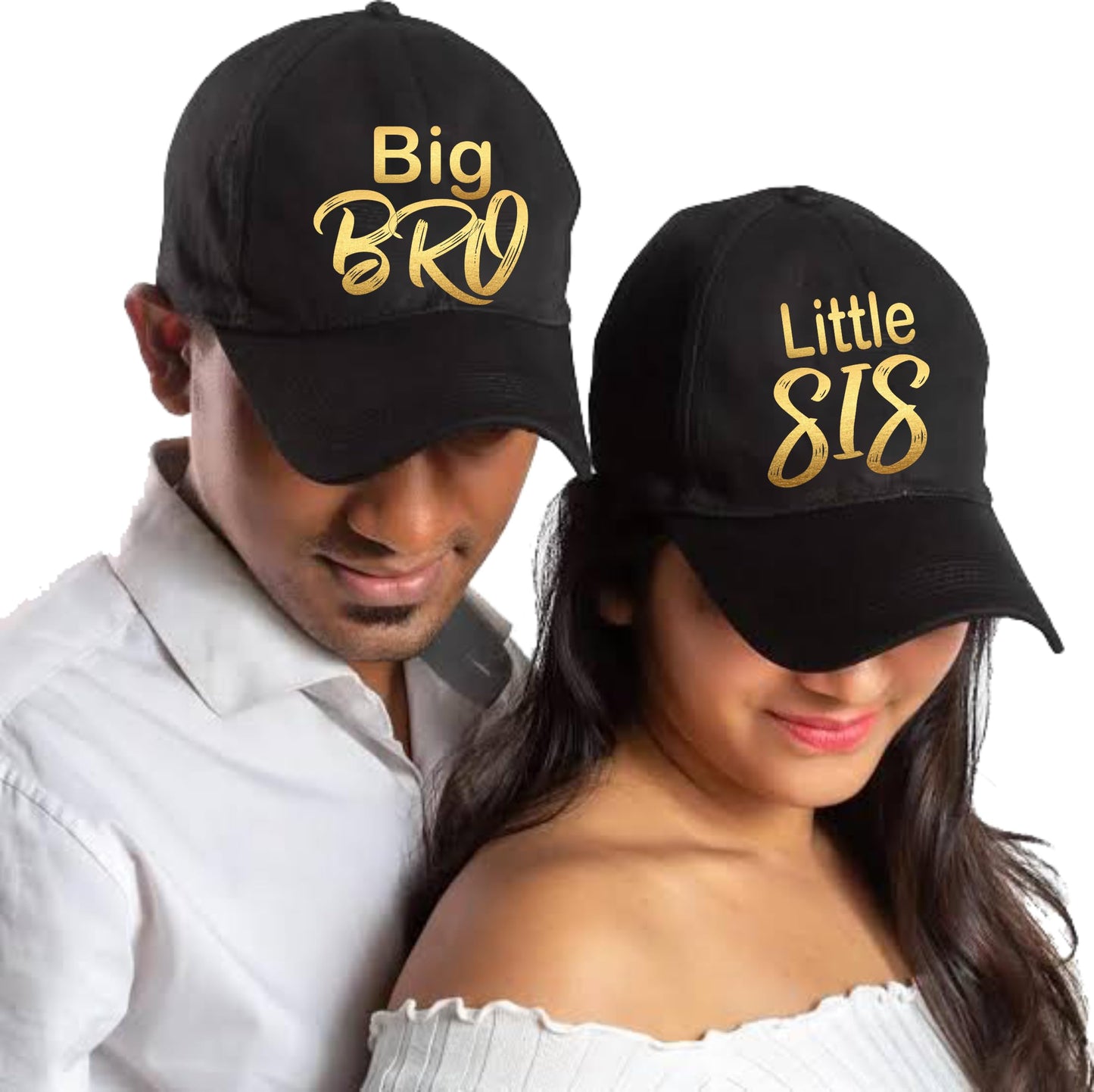 Sibling Caps Set, Big Bro And Little Sis Black Hats With Gold Text