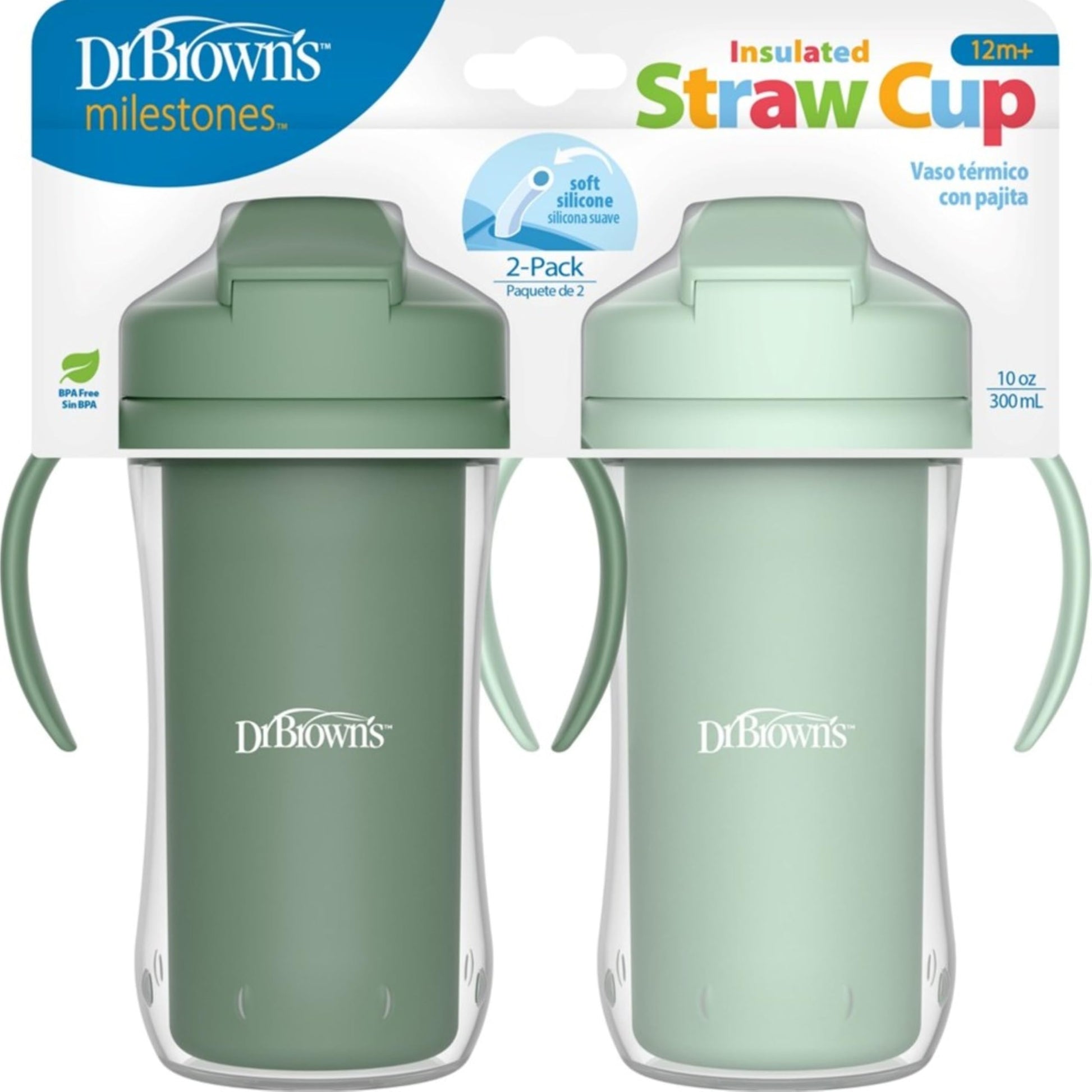 Dr. Browns Milestones Insulated Sippy Cup with Straw and Handles, Spill-Proof Tumbler with Lid, 2-Pack, Green, 10 oz/300 mL, BP