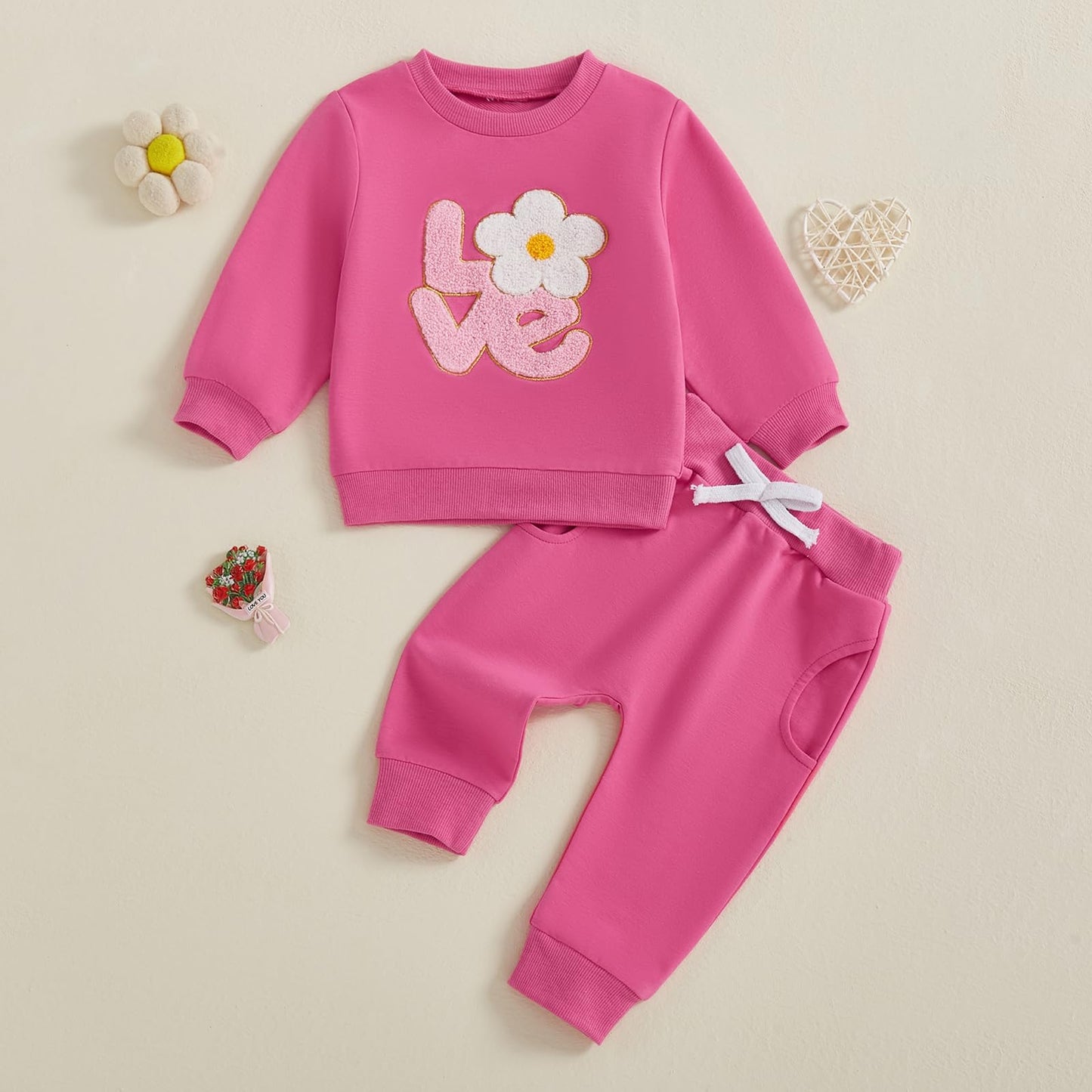 Lagkiyoj Toddler Girl Valentine'S Day Outfits Letter Flower Embroidery Sweatshirt Long Pants 6 12 18 24 Months 2T 3T 4T (Pink Va