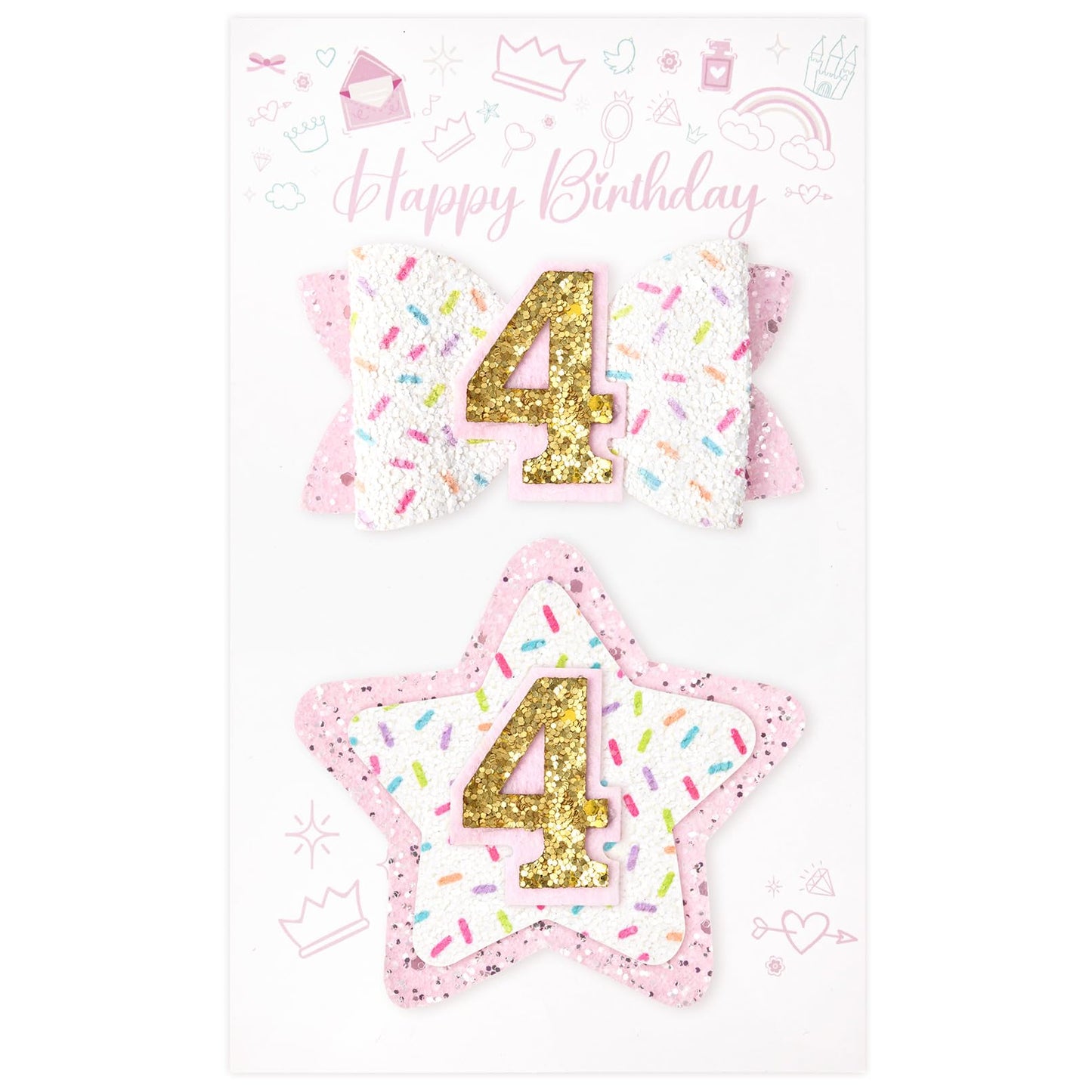 Deeka 4Th Birthday Hair Bow And Badge Set For Girl - Glitter Pink And White Hair Clips For 4 Year Girl Party Decoration - Girls