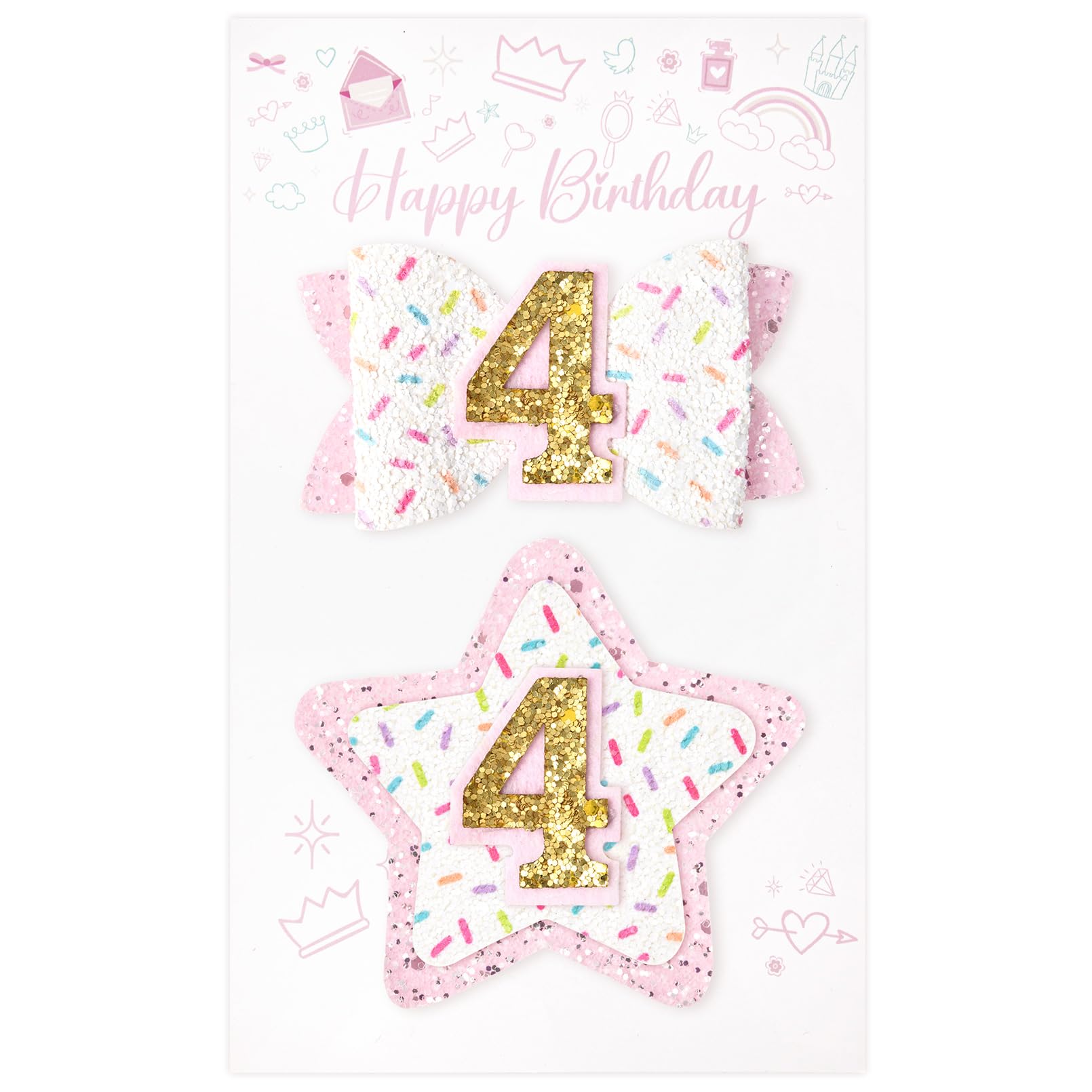 Deeka 4Th Birthday Hair Bow And Badge Set For Girl - Glitter Pink And White Hair Clips For 4 Year Girl Party Decoration - Girls