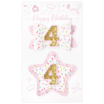 Deeka 4Th Birthday Hair Bow And Badge Set For Girl - Glitter Pink And White Hair Clips For 4 Year Girl Party Decoration - Girls