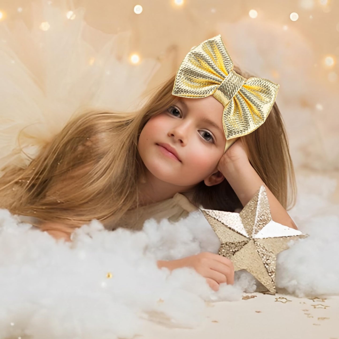 Yanjie Metallic Gold And Silver 5' Baby Large Messy Bows Headwrap Stretch Bronzing Top Knot Turban Headband Hair Band 2Pcs/Pack