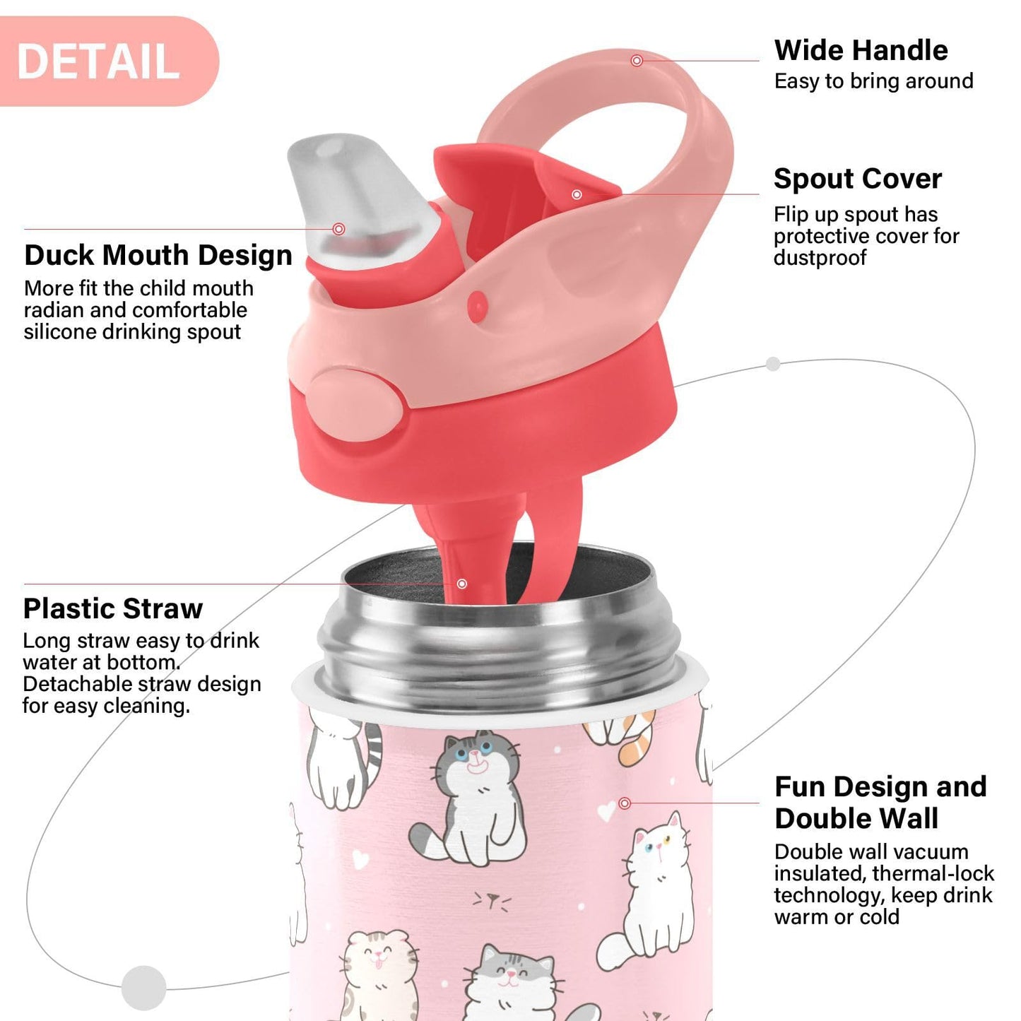 Cute Cat Kitty Girls Water Bottle With Straw And Carry Handle Cartoon Animals Pink Vacuum Insulated Stainless Steel Bottles Leak