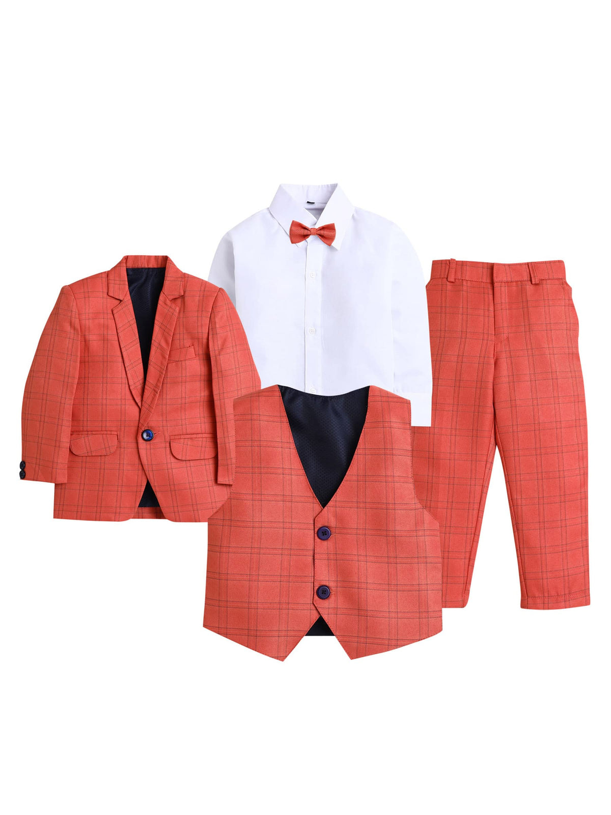 Jeetethnics Boys Peach Checked Coat Suit Set With Waistcoat Shirt And Trousers (9095Ah)