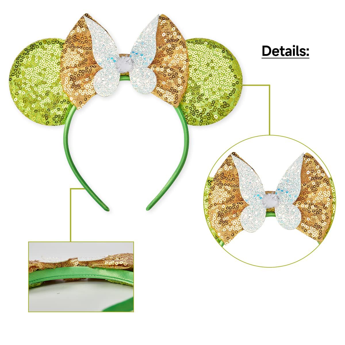 Eisyaa Mouse Ears Bow Headbands, Sequin Tinkerbell Minnie Ears Headband Glitter Party Fairy Wings Dress Up Princess Decoration C