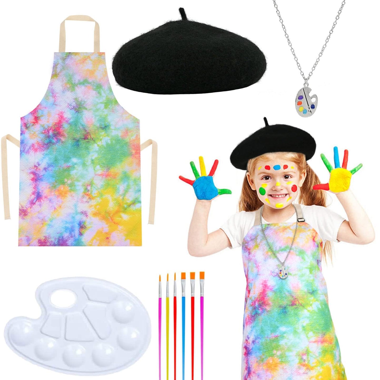 Matiniy 5 Pcs Artist Costume Accessories Set Black Beret Hat,Colorful Footprint Apron,Painting Brush and Drawing Board Set (Tie-