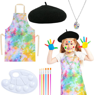 Matiniy 5 Pcs Artist Costume Accessories Set Black Beret Hat,Colorful Footprint Apron,Painting Brush and Drawing Board Set (Tie-