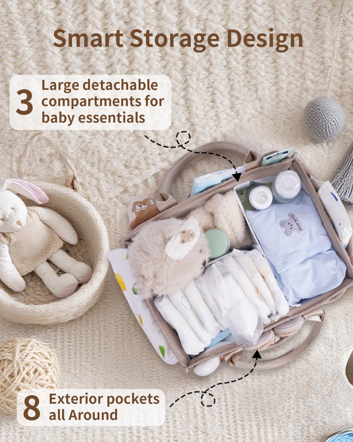 CEI-CEI Baby Diaper Caddy Organizer with Removable Dividers, Large Portable Nursery Storage Basket for Newborn Essentials, Chang