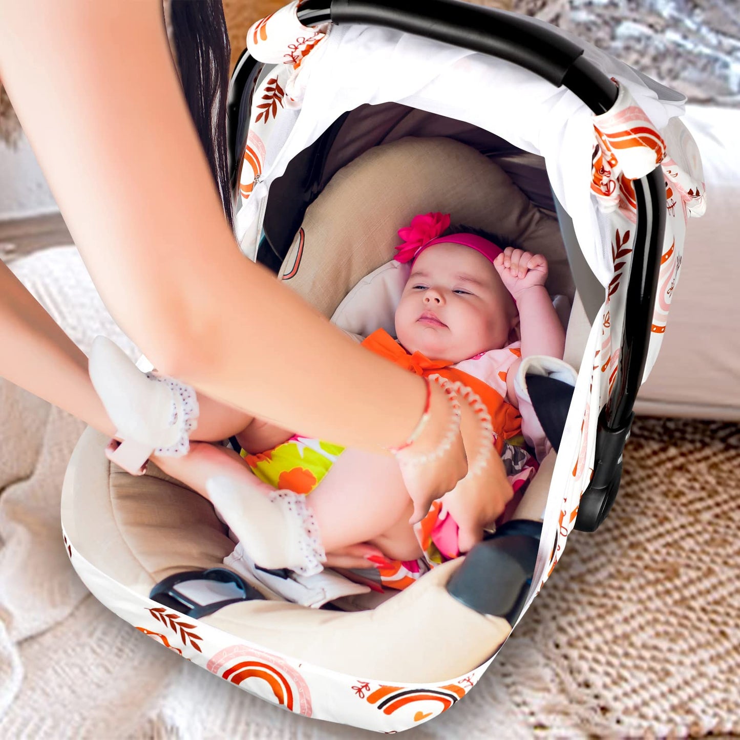 Rainbow Infant Carseat Canopy With Peep Windows And Breathable Mesh, Kick-Proof, Soft Stretchy Baby Car Seat Cover For Newborns