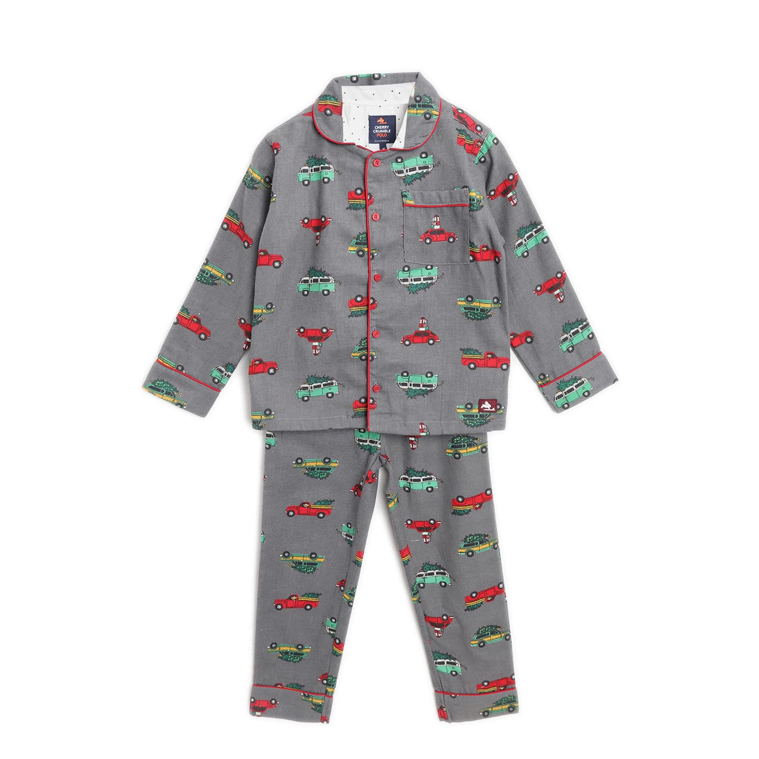 Cherry Crumble Grey Printed 100% Cotton Full Sleeves Collar Neck Night Wear Regular Fit Summer Nightsuit for Boys and Girls
