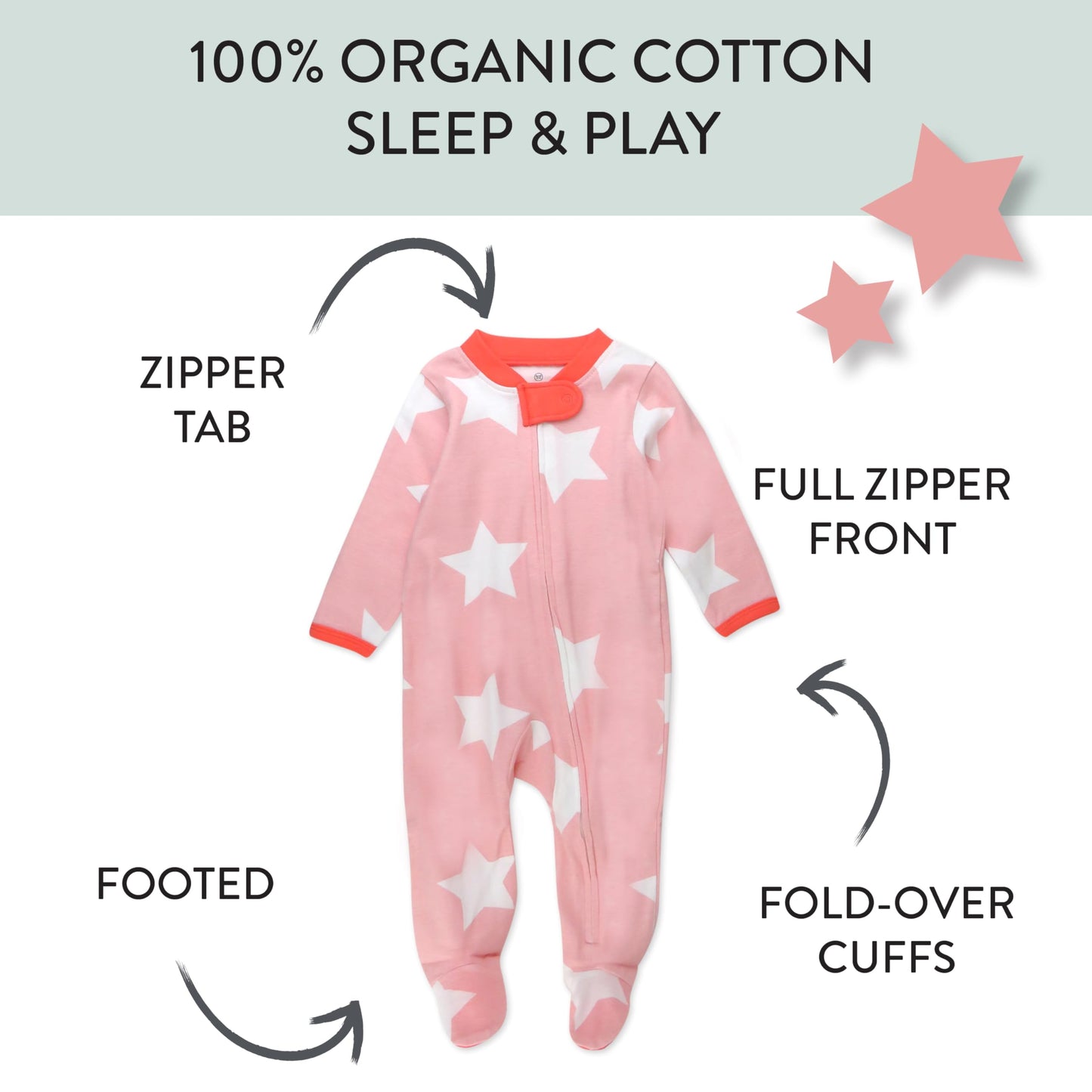 Honestbaby Baby Celebration Sleep & Play Footed One-Piece Pajama Sleeper 100% Organic Cotton, Jumbo Star Pink, 3-6 Months