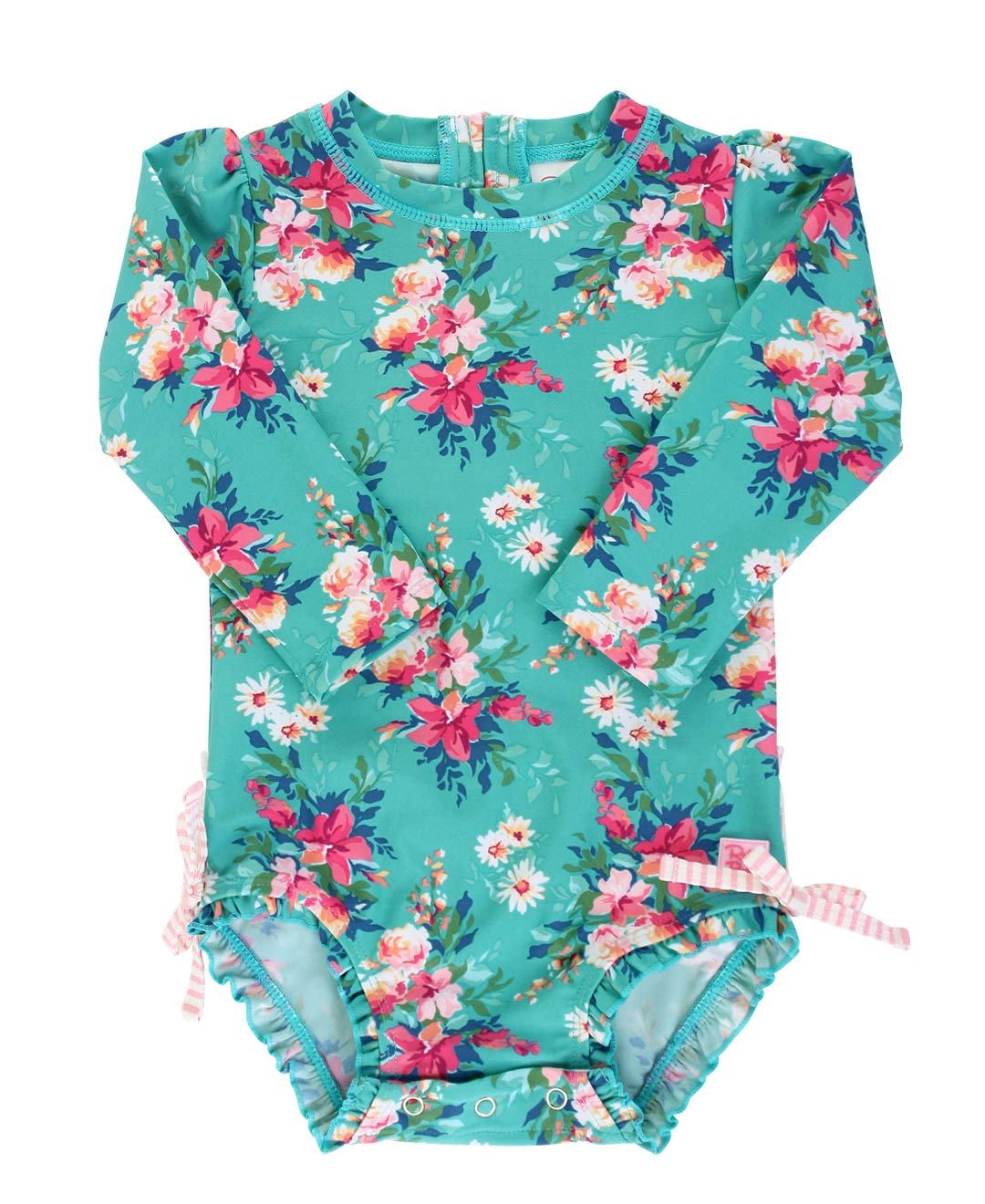 Rufflebutts Baby Girls Upf 50+ Sun Protection Floral Printed Long Sleeve One Piece Rash Guard Swimsuit With Zipper - Fancy Me Fl
