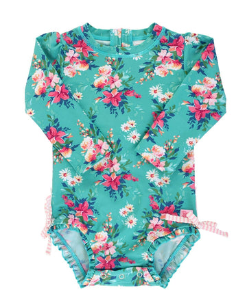 Rufflebutts Baby Girls Upf 50+ Sun Protection Floral Printed Long Sleeve One Piece Rash Guard Swimsuit With Zipper - Fancy Me Fl