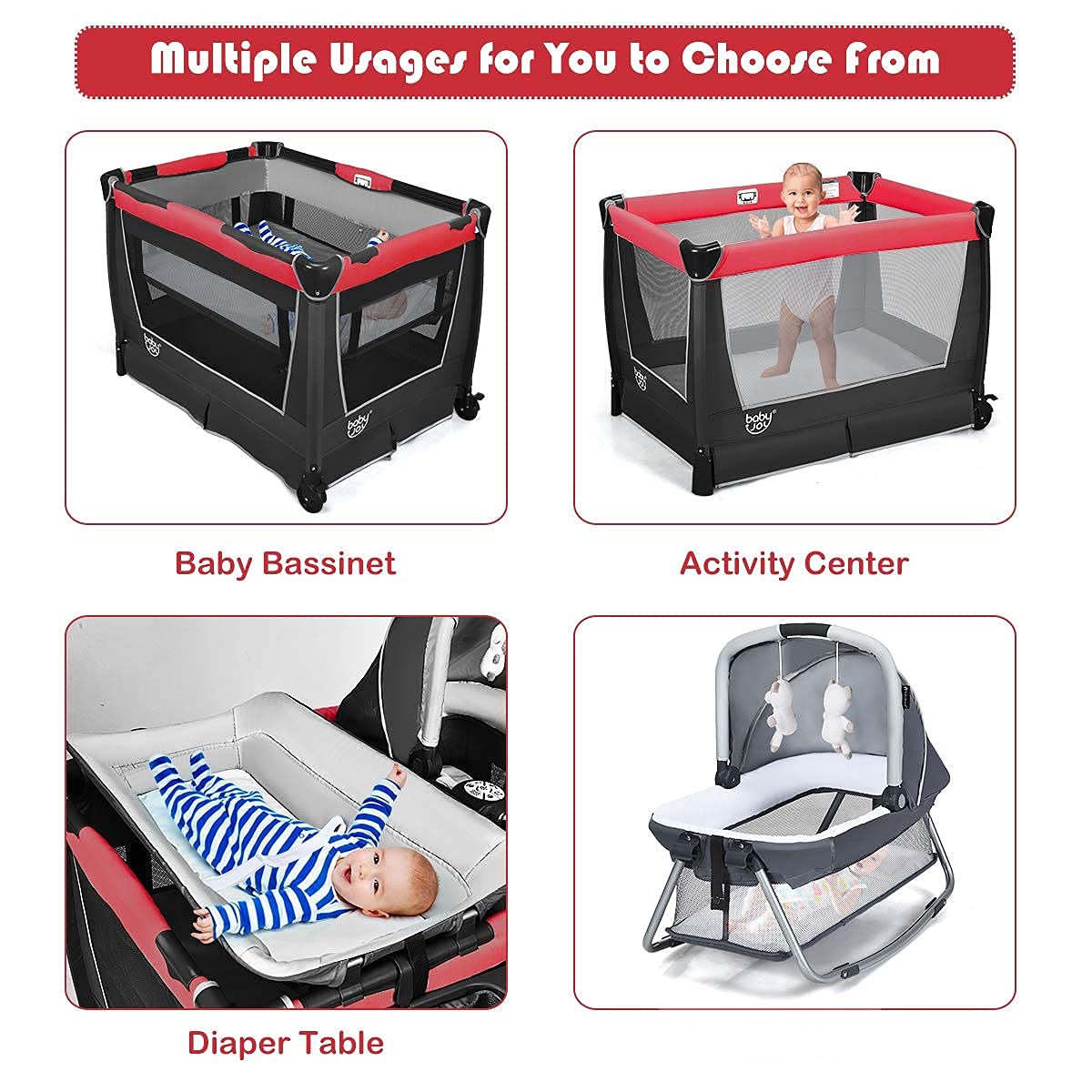 Baby Joy 4 In 1 Pack And Play, Portable Nursery Center Baby Playard W/Bassinet & Diaper Changing Table, Infant Bassinet Activity