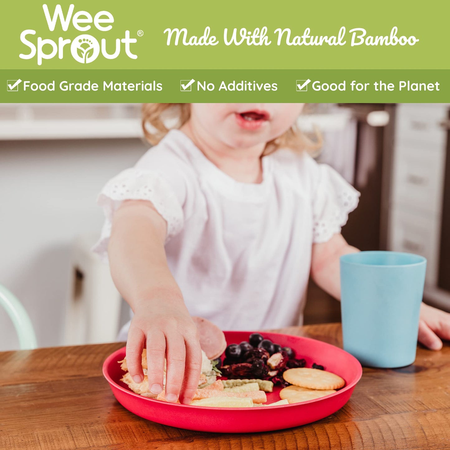 Weesprout Bamboo, Silicone, Melamine Dishware Plate With Lids, Set Of 4, Kid-Sized Design For Leftovers, Dishwasher Safe (Blue,