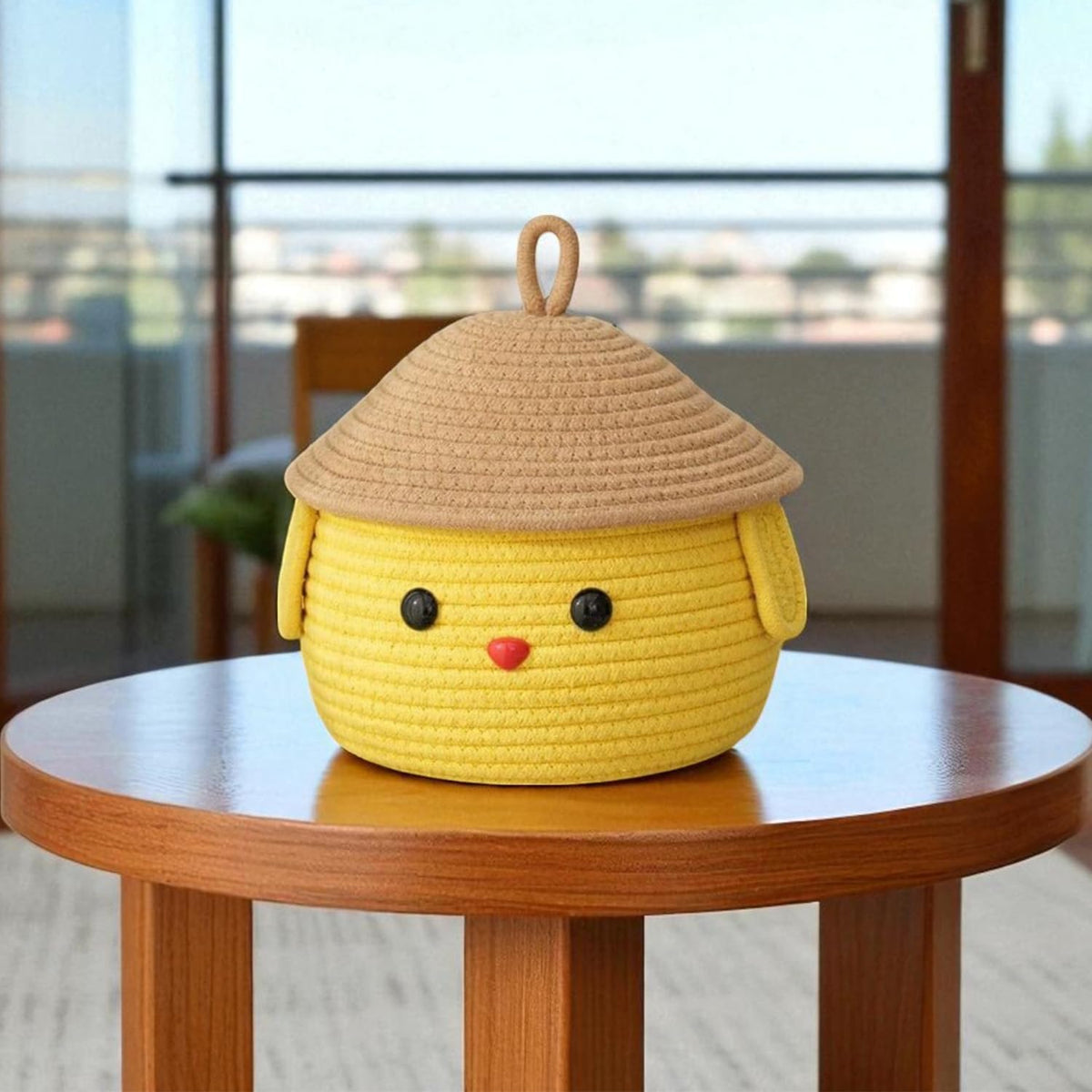 BIANCO Soft Cotton Rope Storage Basket with Lid | Cute Yellow Face Multipurpose Organizer for Diapers, Baby Clothes, Soft Toys |