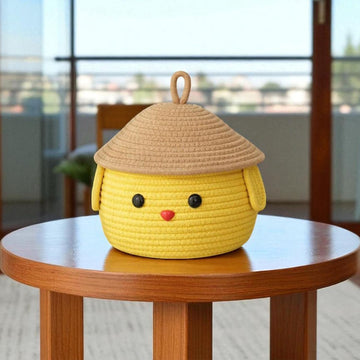 BIANCO Soft Cotton Rope Storage Basket with Lid | Cute Yellow Face Multipurpose Organizer for Diapers, Baby Clothes, Soft Toys |
