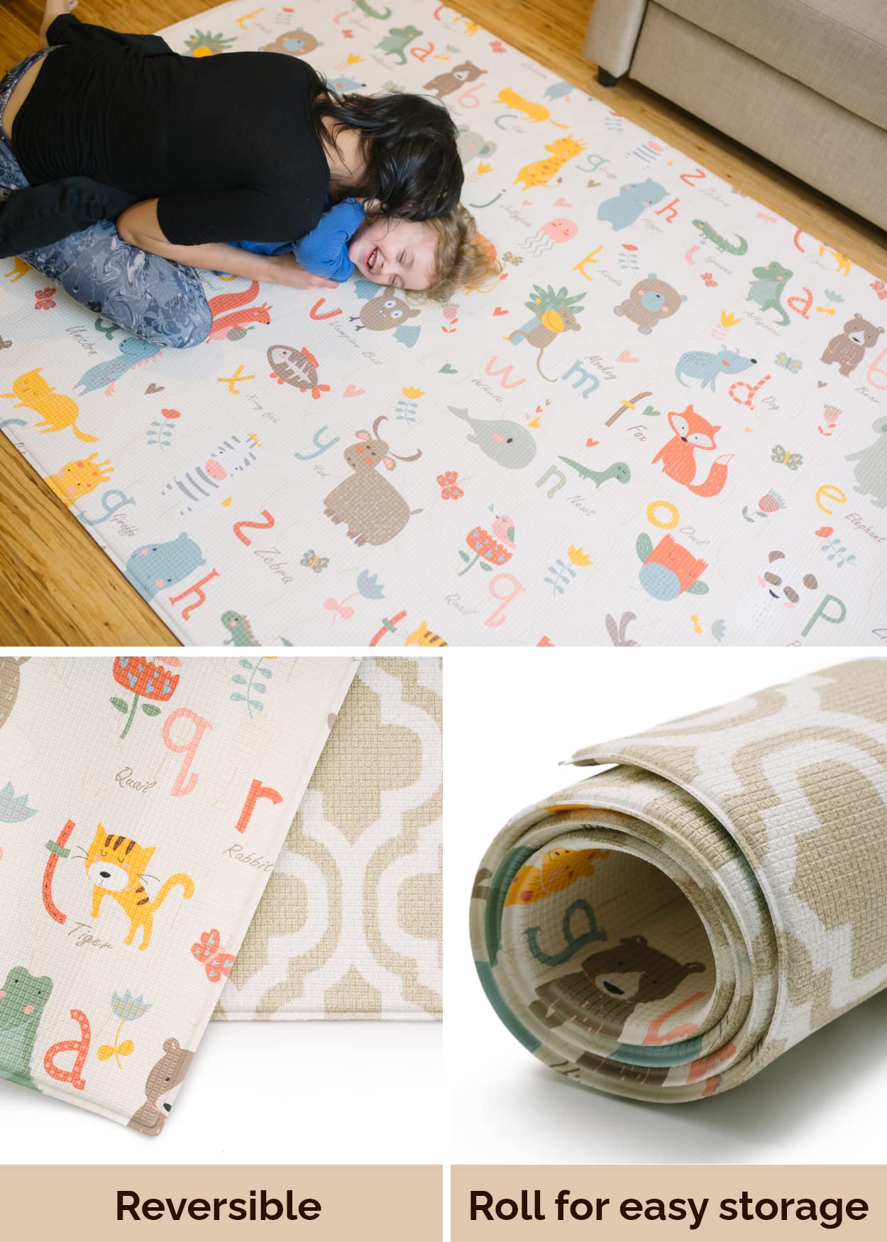Baby Care Play Mat (Large, Moroccan - Beige) 82'' X 55'' Original One-Piece Reversible Rollable Waterproof Play Mat For Infants,