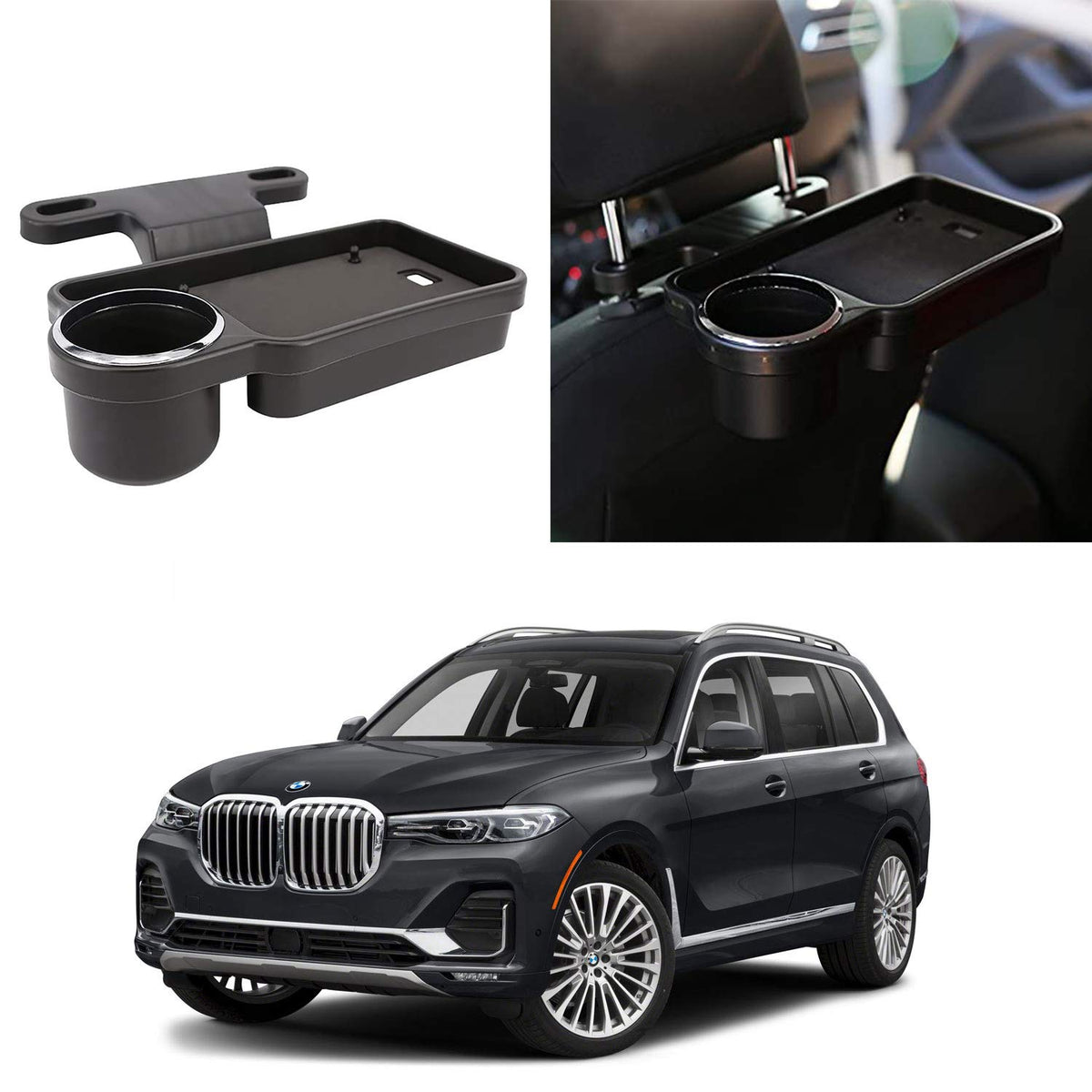 Oshotto (FT04) Foldable Car Auto Headrest Rear Back Seat Table Drink Food Cup Tray Holder Compatible with BMW X7  Black