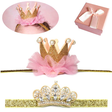 Elesa Miracle Baby Hair Accessories Baby Girl'S Gift Box With Shiny Tiara Crown Headband Set (2Pc- Gold)