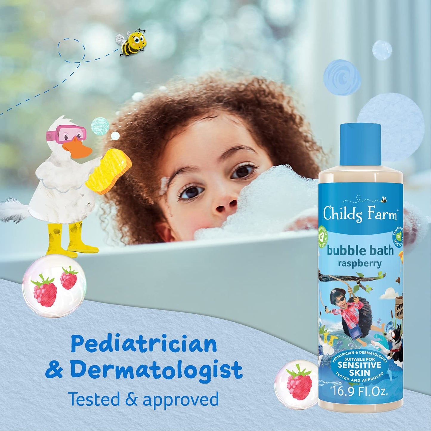 Childs Farm, Kids Bubble Bath For Dry, Sensitive Skin, Organic Raspberry, Gently Cleanses & Soothes, Vegan, Cruelty-Free, 16.9 F