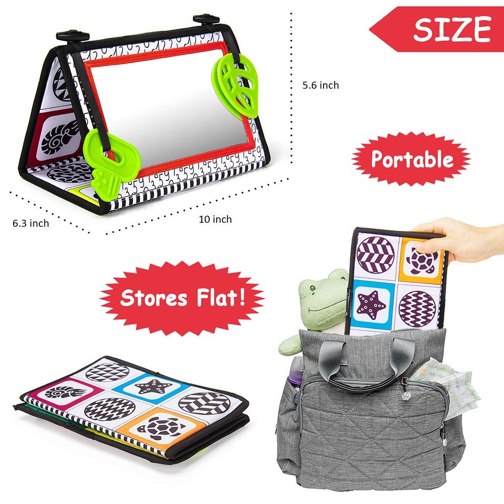 teytoy Tummy Time Baby Mirror Toys with Teethers, Double Black and White High Contrast Baby Toys 0-6 Months, Foldable Floor Sens