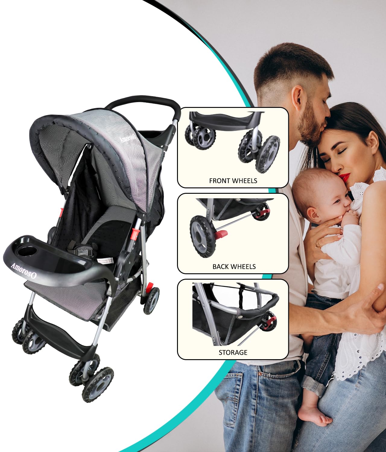 Amoroso Single Stroller - Baby Stroller With Four Wheels - Lightweight Stroller - Convertible Stroller With Extra Storage Space