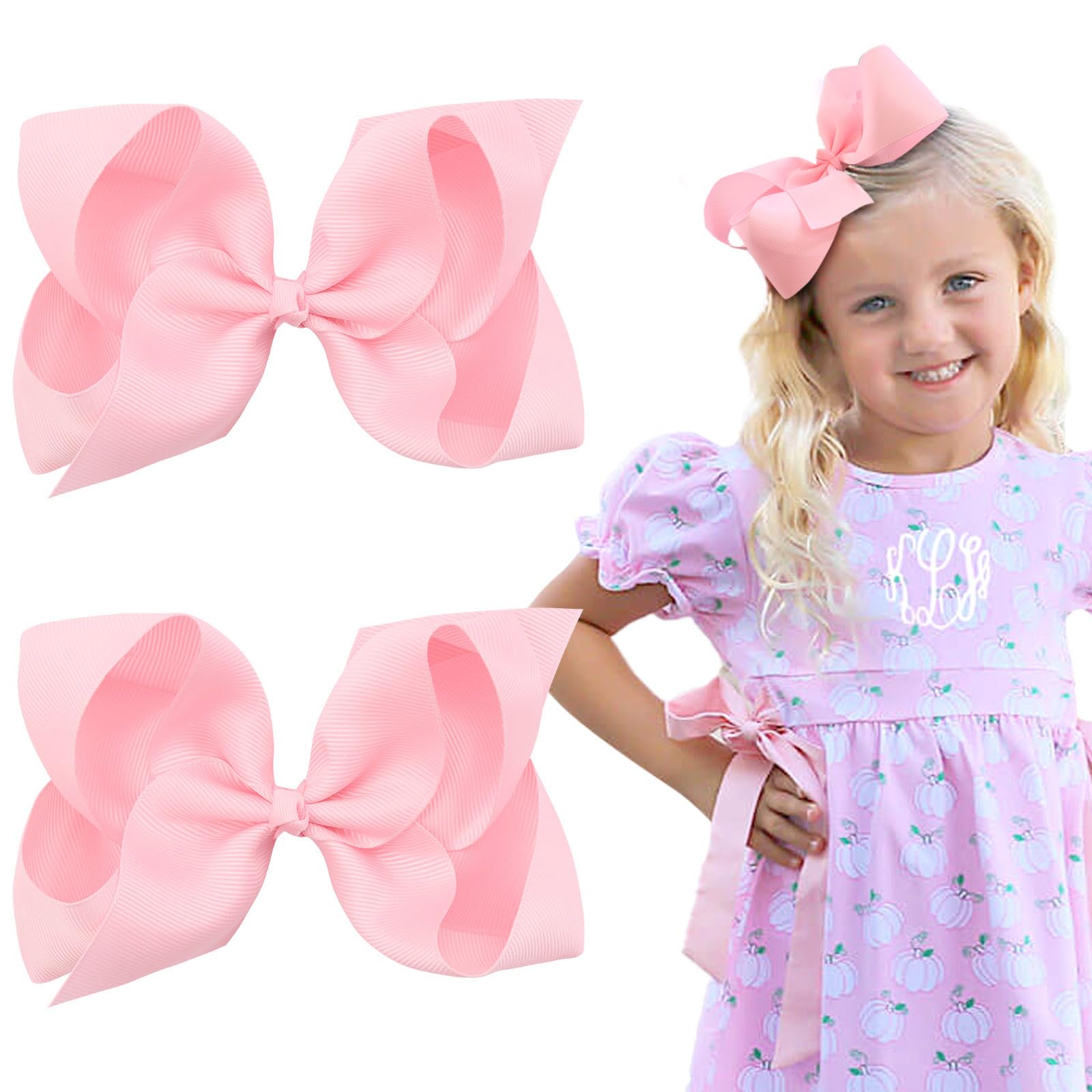 Oaoleer 2Pcs 6Inch Hair Bows Clips, Pink Layered Grosgrain Ribbon Bows Hair Alligator Clips Hair Barrettes For Baby Girls Infant