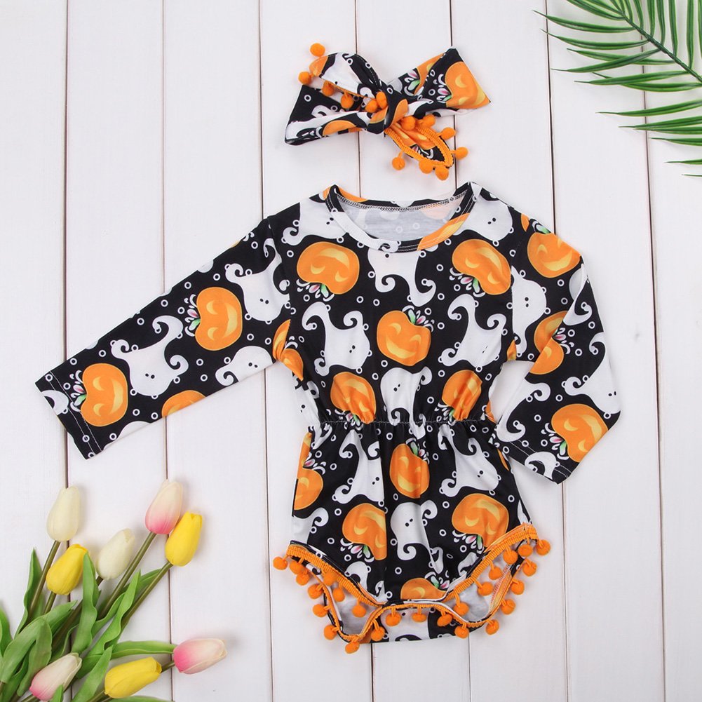 Bulingna Cute Infant Newborn Baby Girl Long Sleeve Pumpkin Bodysuit Pompom Romper Halloween Outfit With Headband (Black, 12-24 M