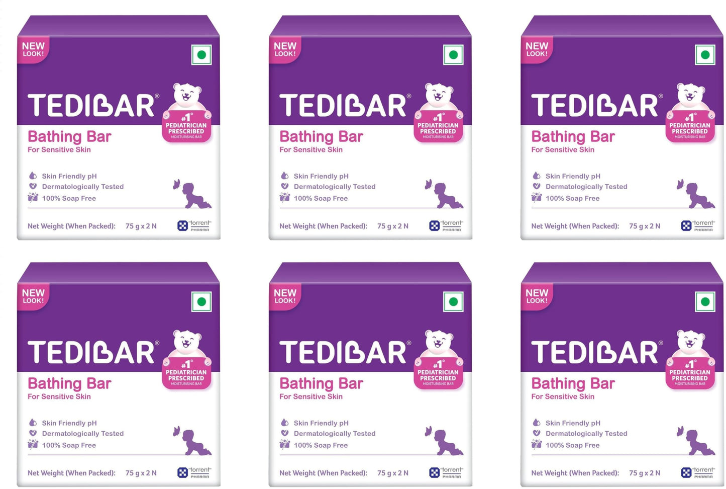 Tedibar Moisturising Baby Bathing Bar Each (75Gx2) With Skin Friendly Ph|100% Soap Free|Dermatologically Tested X Pack Of 6