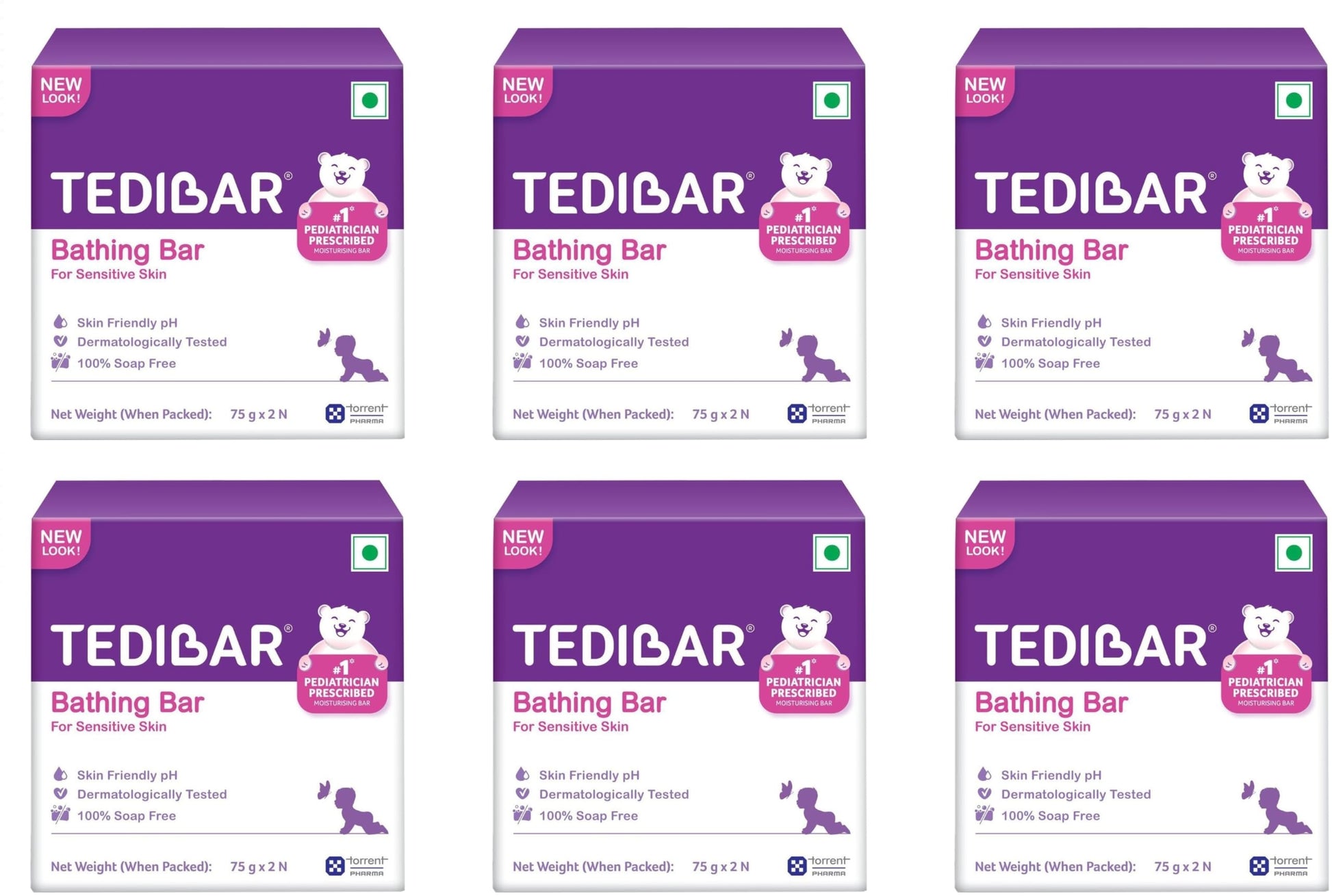 Tedibar Moisturising Baby Bathing Bar Each (75Gx2) With Skin Friendly Ph|100% Soap Free|Dermatologically Tested X Pack Of 6