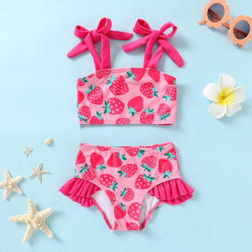 Younger Tree Toddler Girls Two Pieces Swimsuit Color Block Stripe Swimwear Summer Beach Bathing Suit (Pink#Strawberry 18-24 Mont