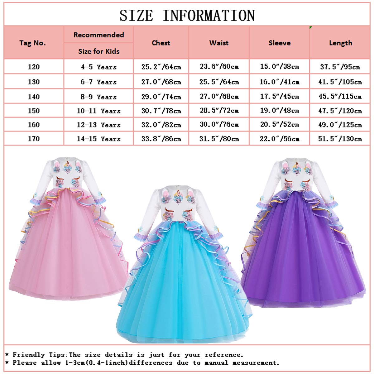 Hihcbf Girls Unicorn Birthday Princess Long Sleeve Wedding Pageant Party Maxi Dress Halloween Carnival Costume W/Headband Blue 1