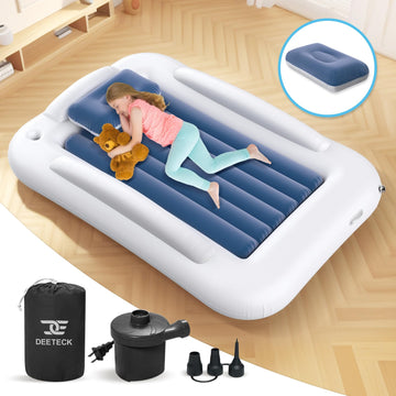 Deeteck Inflatable Toddler Travel Bed - 60 Inches Portable Toddler Bed For Travel With Safety Sides - Cozy Kids Air Mattress Set