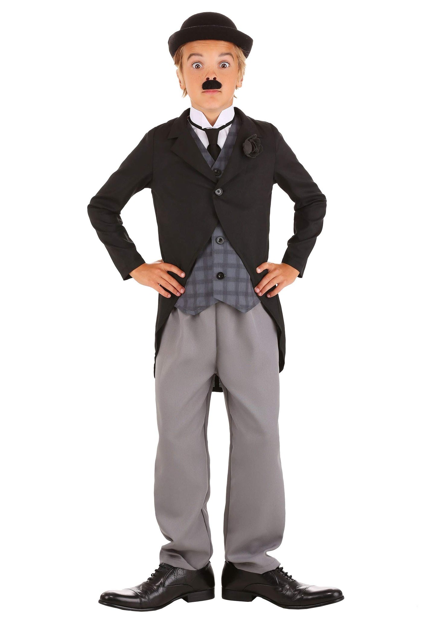 Fun Costumes Boys Charlie Chaplin Halloween Costume | Kids 1920s Silent Film Star Outfit with Jacket, Pants, Shirt, Tie, and Acc