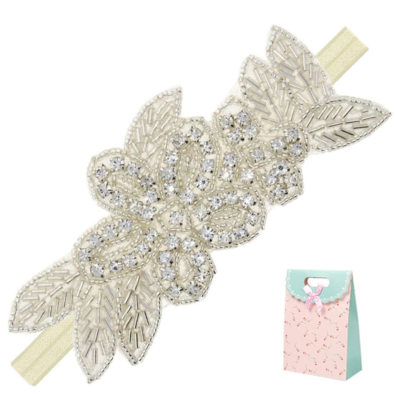 Elesa Miracle Little Baby Girl Rhinestone Flower Headband, Baby Hair Accessories In Gift Bag (1Pc- Beige Headband)
